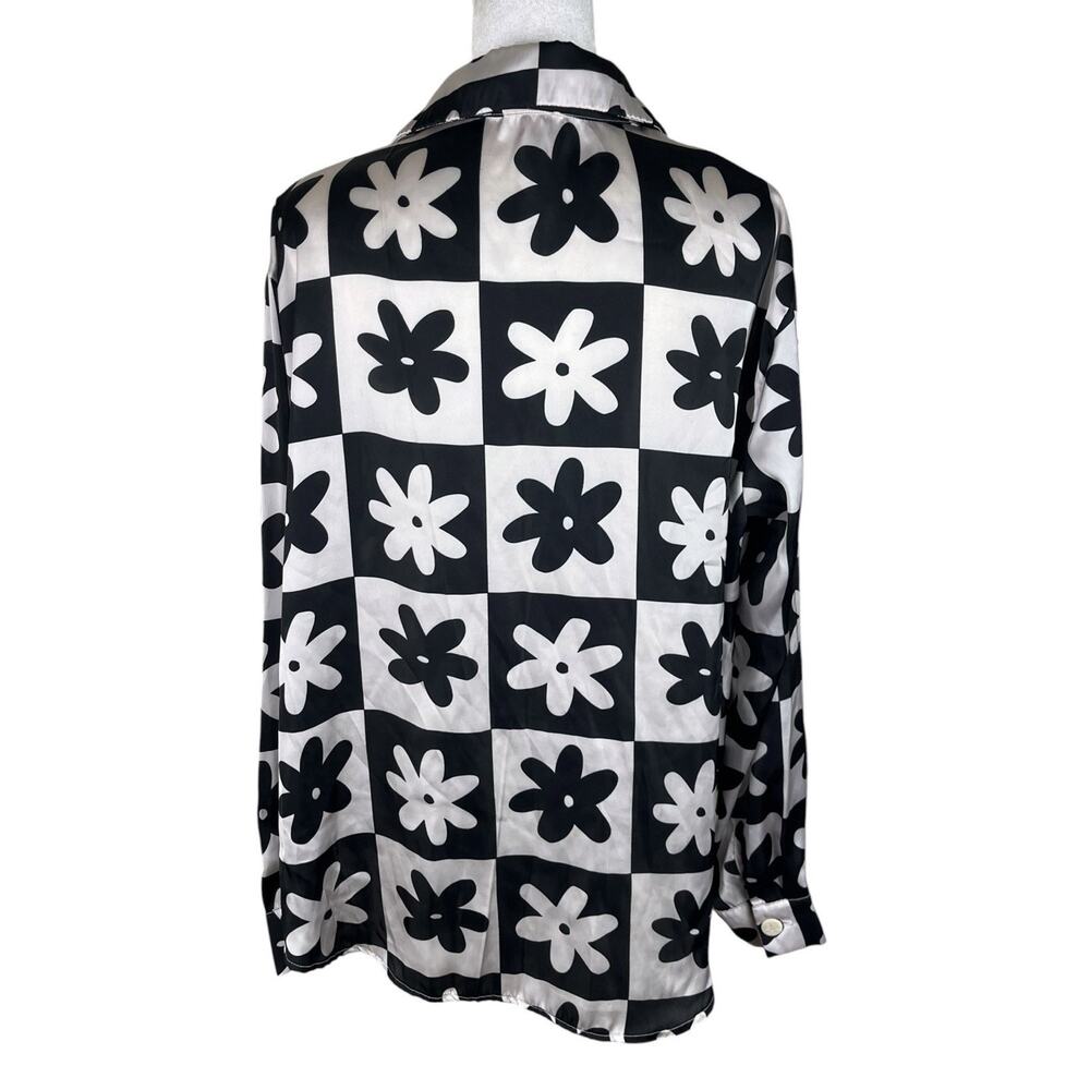 Lisa Says Gah Bailey Floral Checkerboard Blouse Satin Pajama Shirt Size Medium - Picture 4 of 7